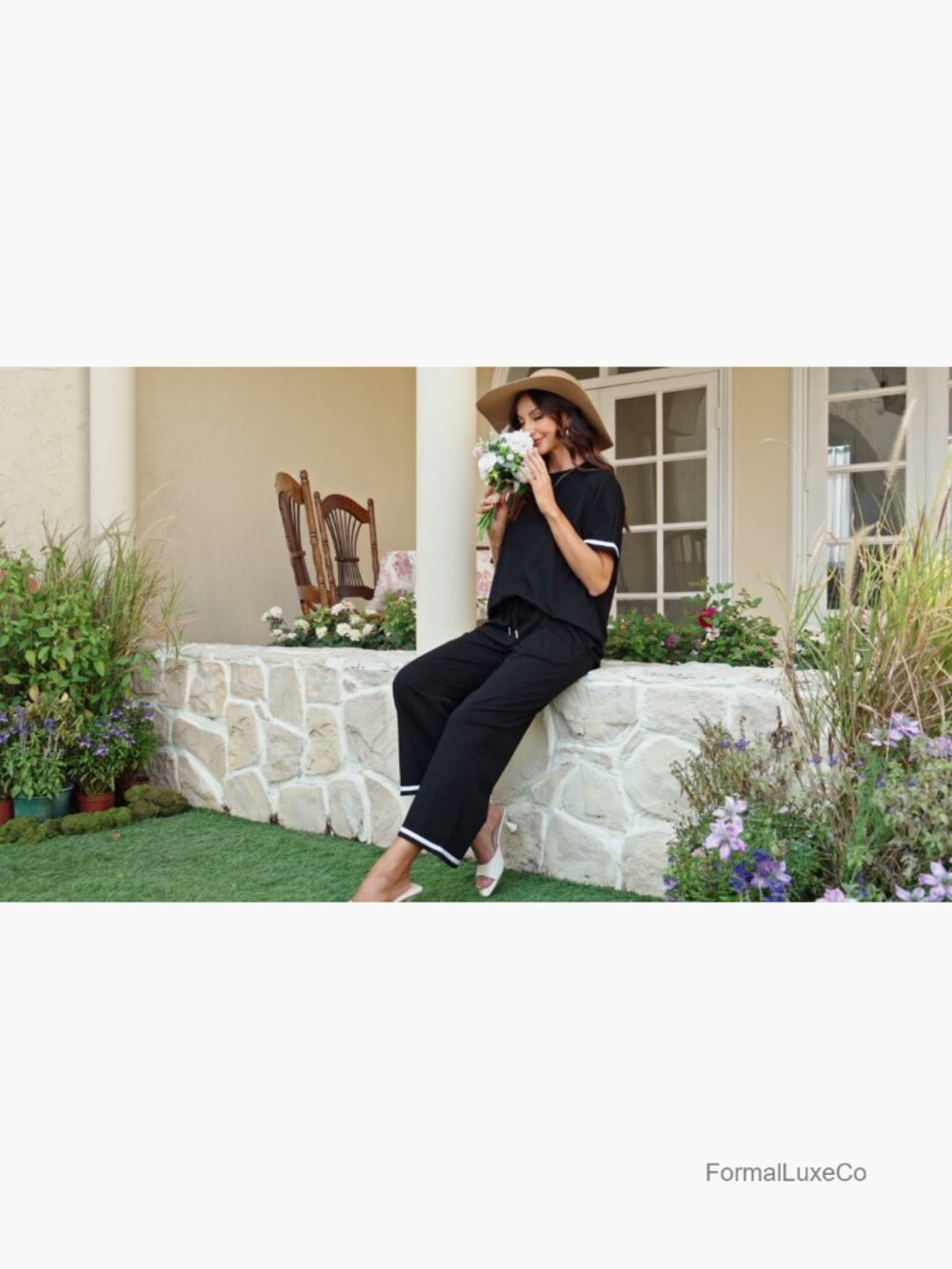 Women's 2 Piece Lounge Set Short Sleeve Wide Leg Pants Travel Outfit - Picture 7 of 7